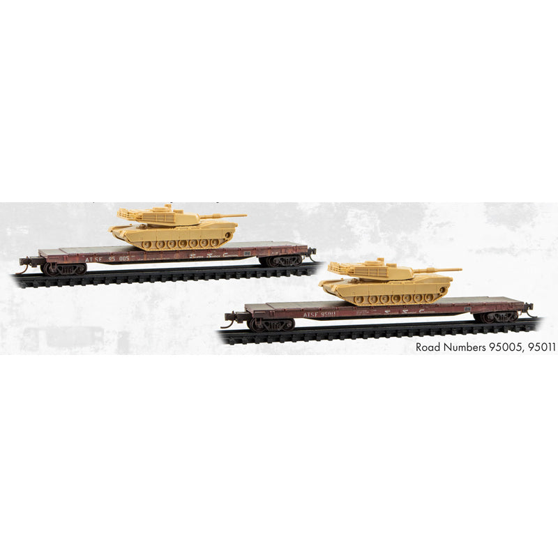 Micro-Trains 983 102 294 N scale ATSF Weathered 2-Pack with M1 Abrams Tank Kits 57' Converted TOFC Flat Car