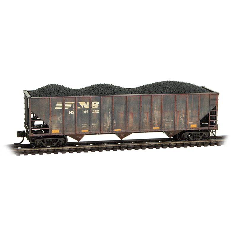 Micro-Trains 983 105 111 N scale Norfolk Southern Weathered 2-Pack 100-Ton 3-Bay Open Hopper with Coal Load — side A