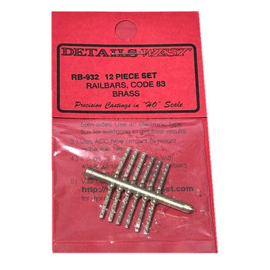 Details West 932 HO Scale Code 83 Railbars -- 6- & 4-Bolt, Brass - pkg(12)