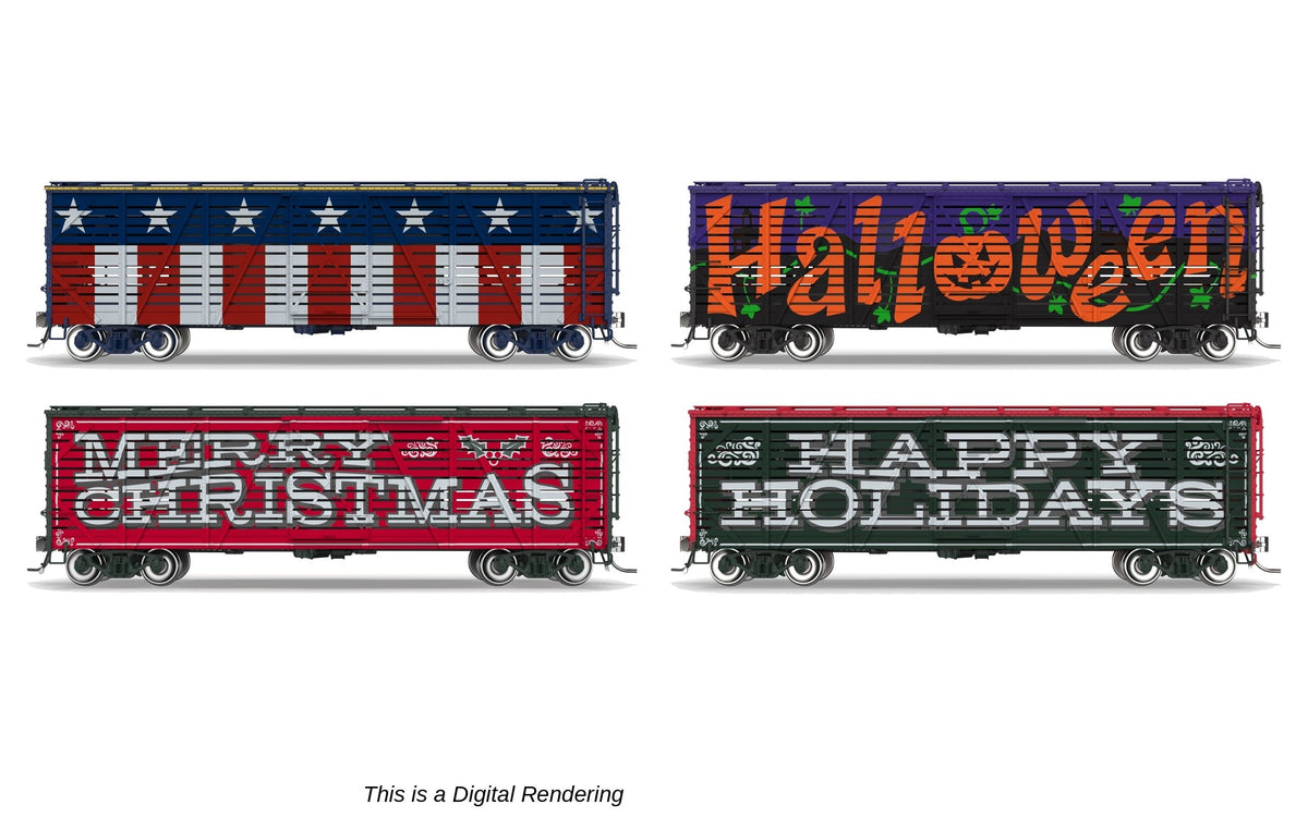 Broadway Limited Imports 10729 HO 40' Wood Stock Car 4-Pack, Holidays (1 each: Independence Day, Halloween, Merry Christmas, Happy Holidays)