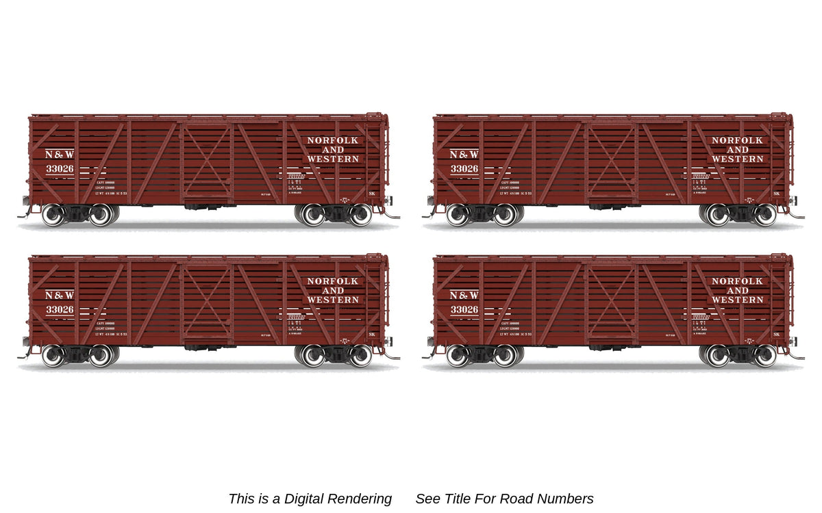 Broadway Limited Imports 10724 HO 40' Wood Stock Car 4-Pack, Norfolk & Western (Road Nos. 33089, 33156, 33242, 33283)