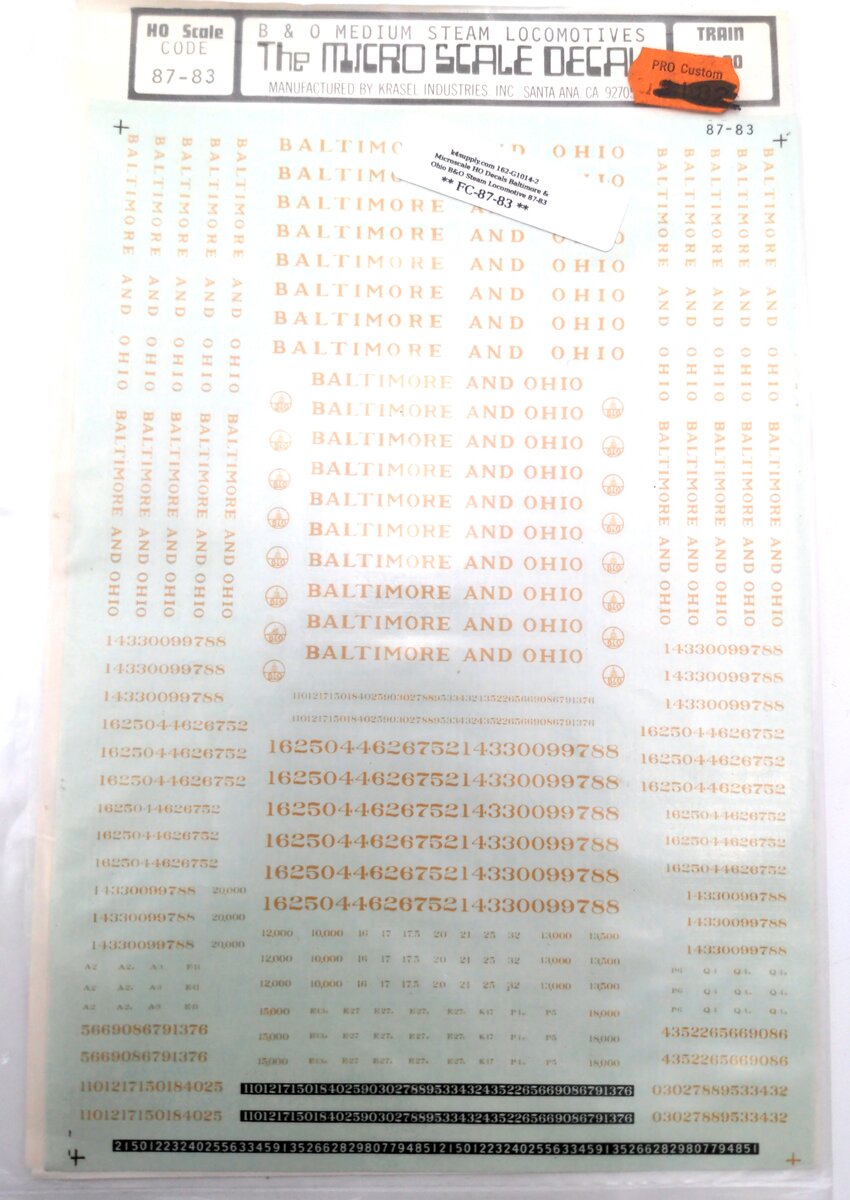 Microscale 87-83 HO Scale Baltimore & Ohio Medium Steam Locomotives Waterslide Decals