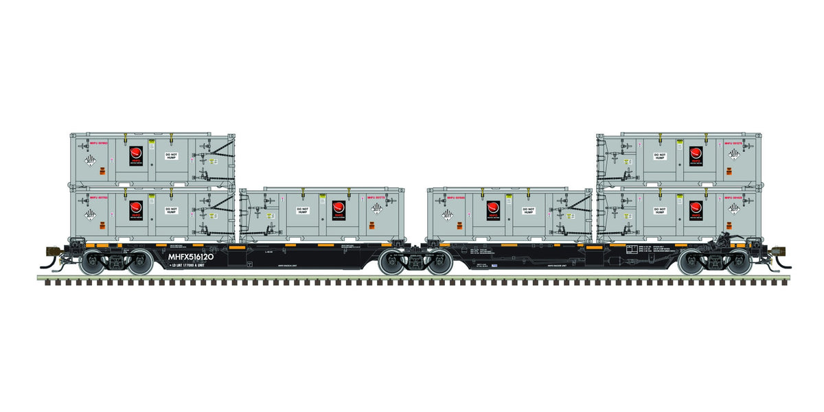 Atlas Master HO articulated bulk carrier MHF Logistical Solutions MHFX with six gray MHFU waste containers
