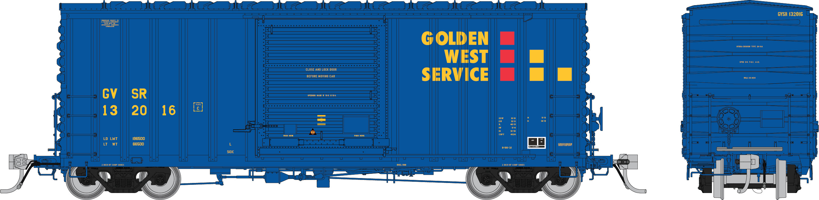 Rapido HO PC&F B-100-32 Boxcar: Golden West Service (GVSR): 3-Pack