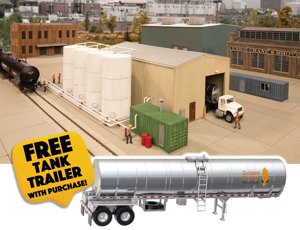 Walthers Cornerstone B4181 HO Scale Corn Syrup Transfer - Transload Facility - Kit with Free SceneMaster Tank Trailer