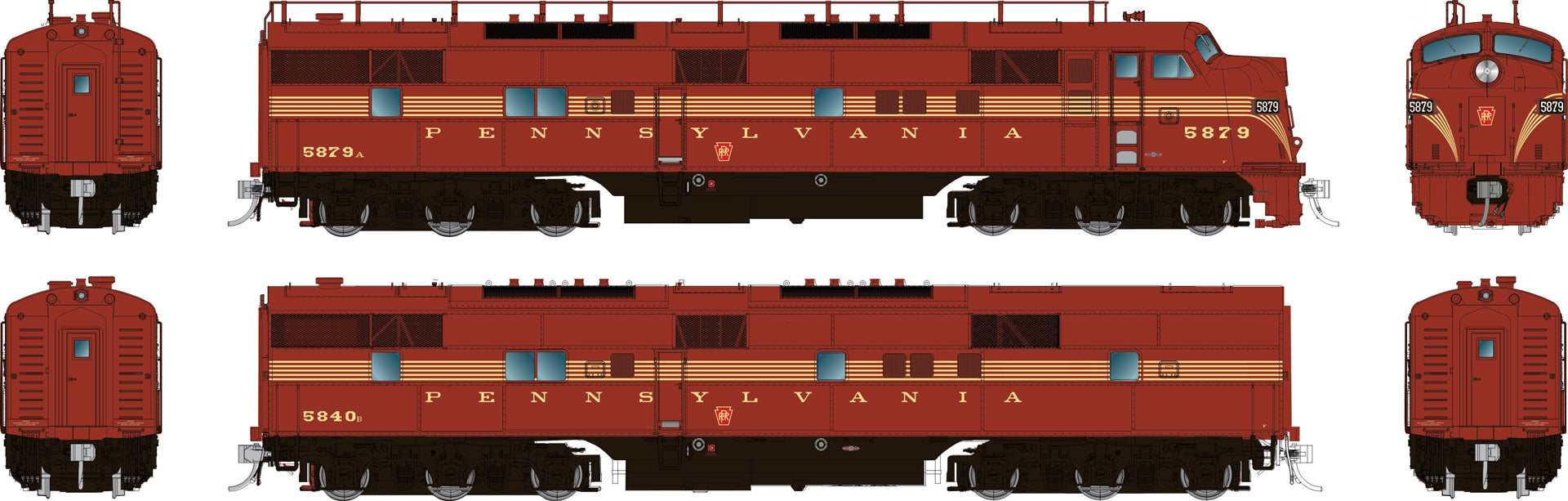 Rapido HO EMD E7A + E7B (DC/Silent): Pennsylvania - 5 Stripe Scheme: #5879 + #5880B