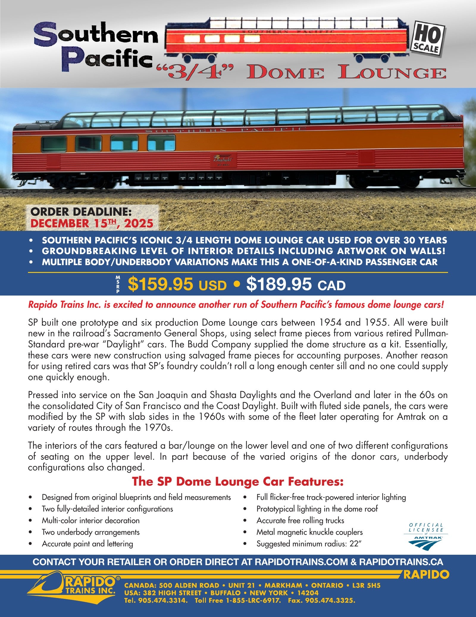 Southern Pacific Dome Lounge Cars sales sheet — features, prototype info, all road numbers