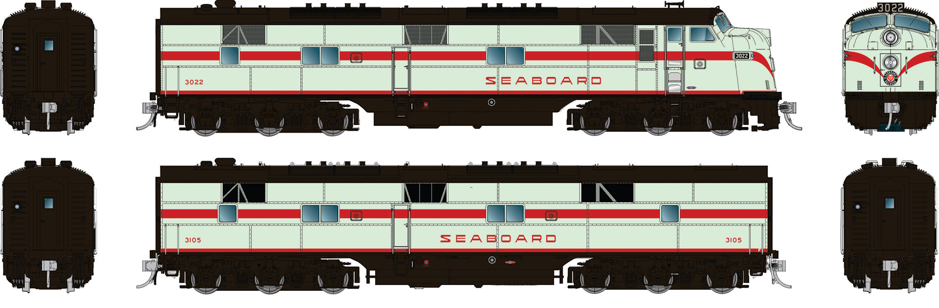 Rapido HO EMD E7A + E7B (DC/DCC/Sound): Seaboard Air Line - Mint Green: #3027 + #3105