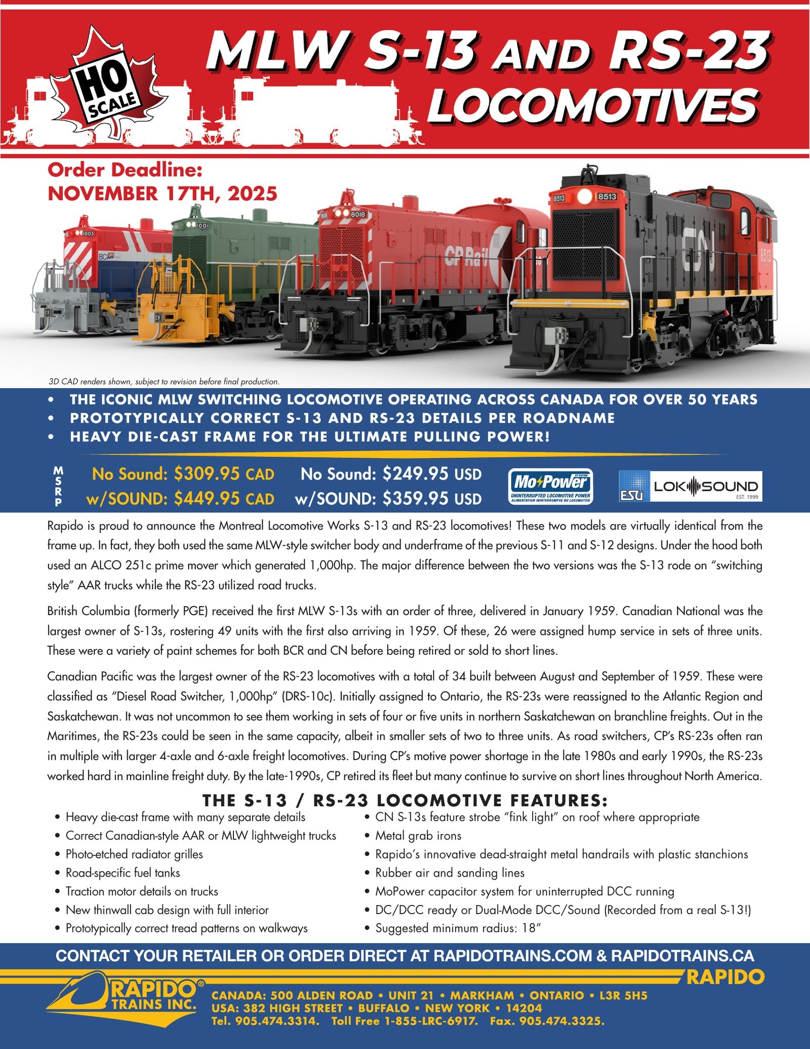 Rapido S-13/RS-23 Locomotive sales sheet