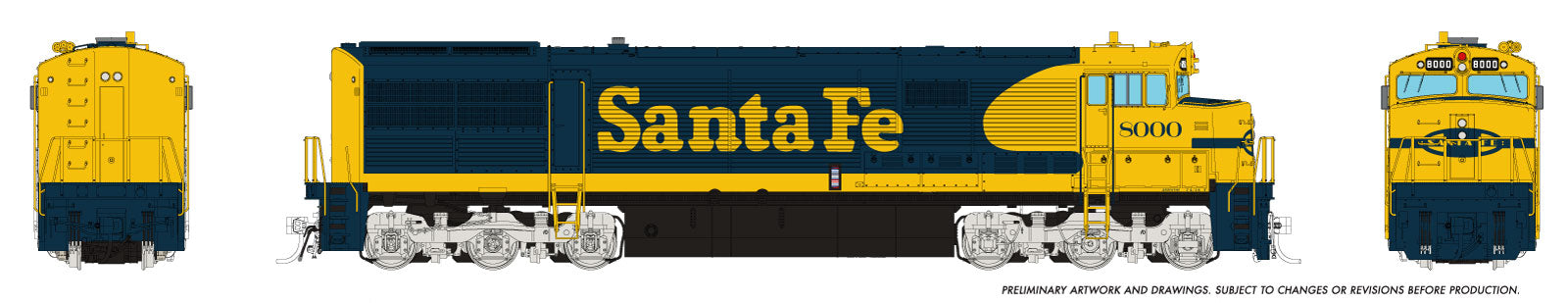 Rapido HO GE U30CG w/o SG (DC/Silent): Santa Fe - Yellow Warbonnet w/ Small Logo: #8000