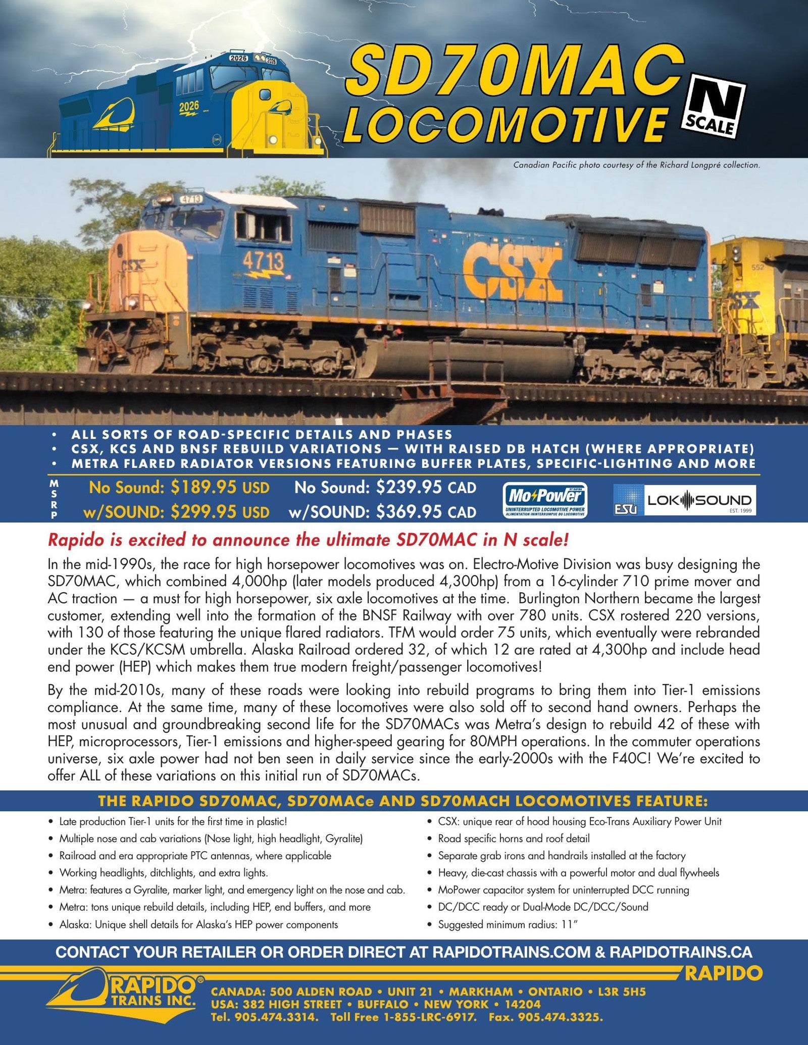 N Scale EMD SD70MAC Locomotive sales sheet — features, prototype info, all road numbers
