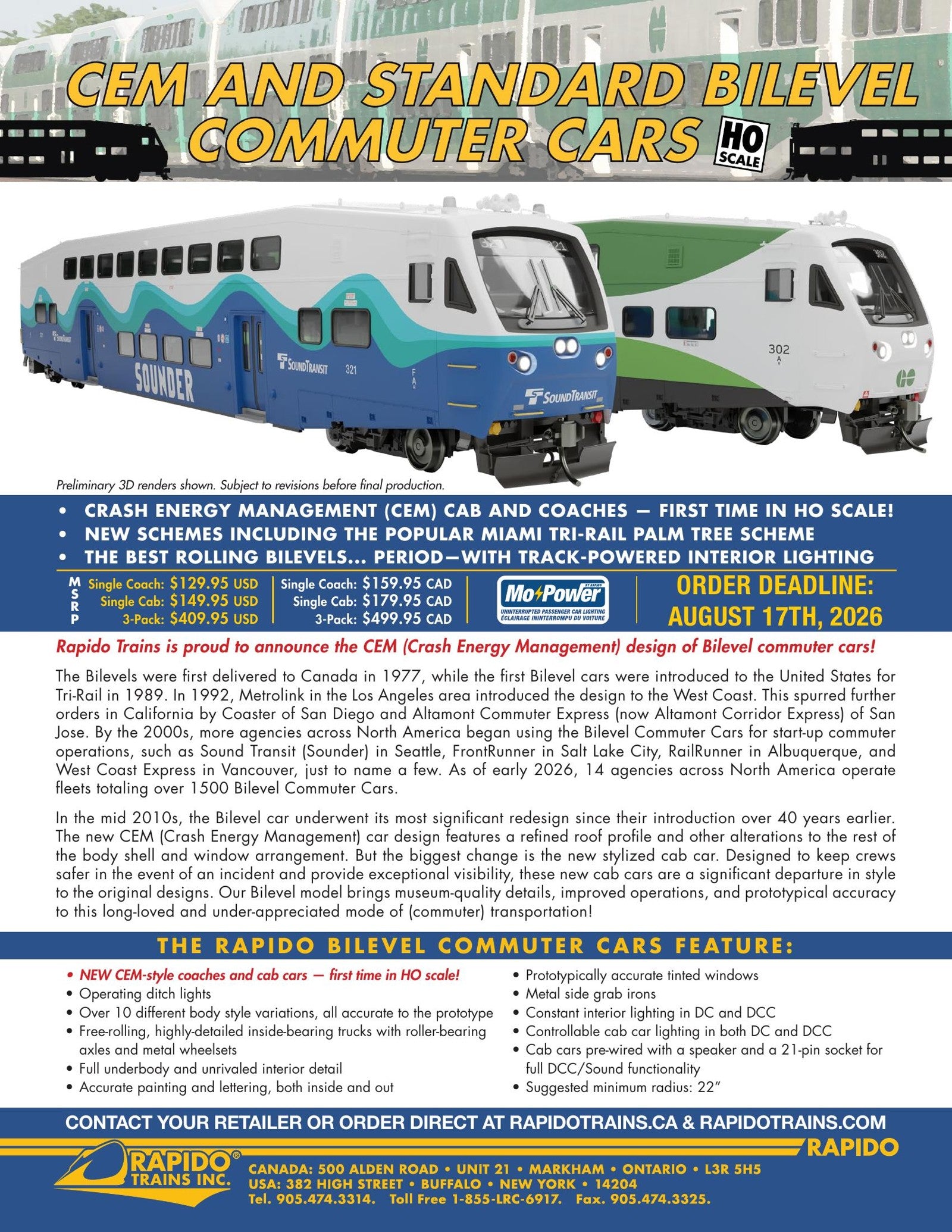 Bilevel Commuter Cars New Release sales sheet — features, prototype info, all road numbers