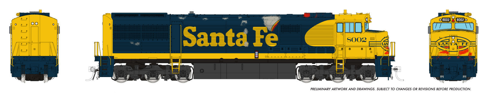 Rapido HO GE U30CG w/o SG (DC/Silent): Santa Fe - Yellow Warbonnet Weathered: #8002
