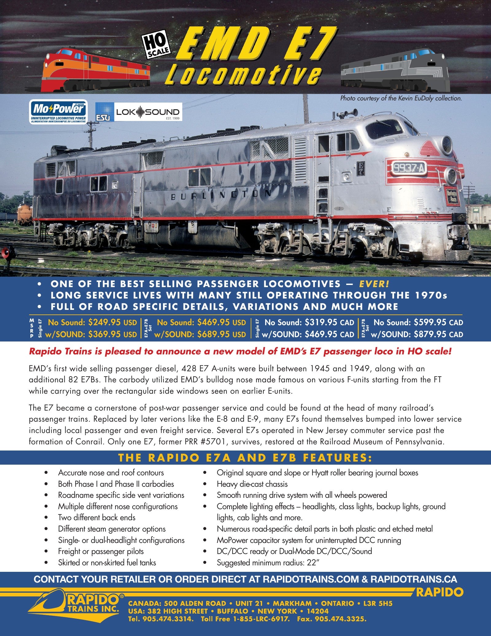 EMD E7 Locomotive sales sheet — features, prototype info, all road numbers