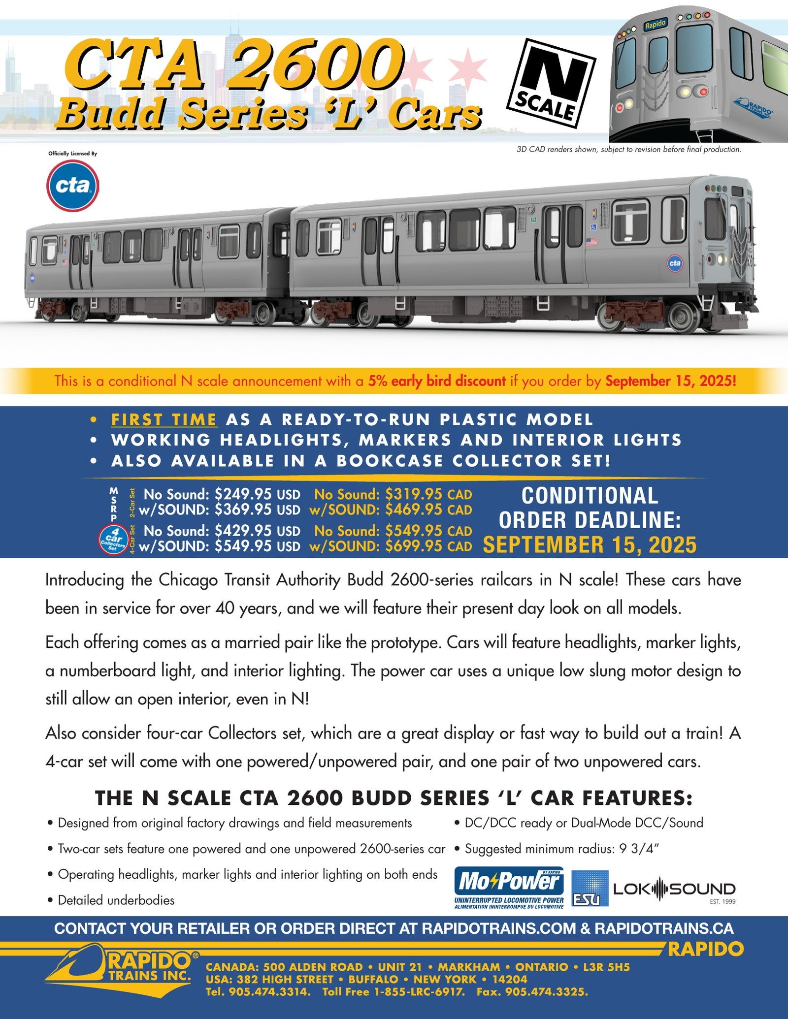 Rapido CTA 2600 Budd Series 'L' Cars sales sheet