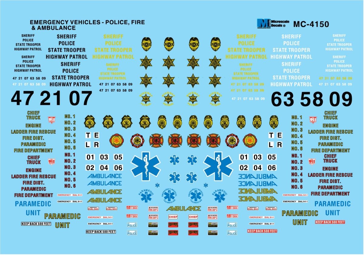 Microscale MC - 4150 HO Scale Emergency Vehicle Markings - Ambulance, Fire & Police (1970+) Waterslide Decals - Oakville Model Trains Depot