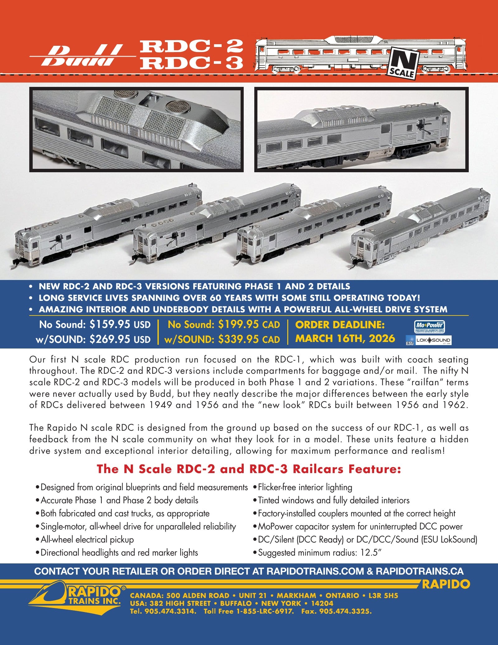 Budd RDC-2 and RDC-3 sales sheet — features, prototype info, all road numbers