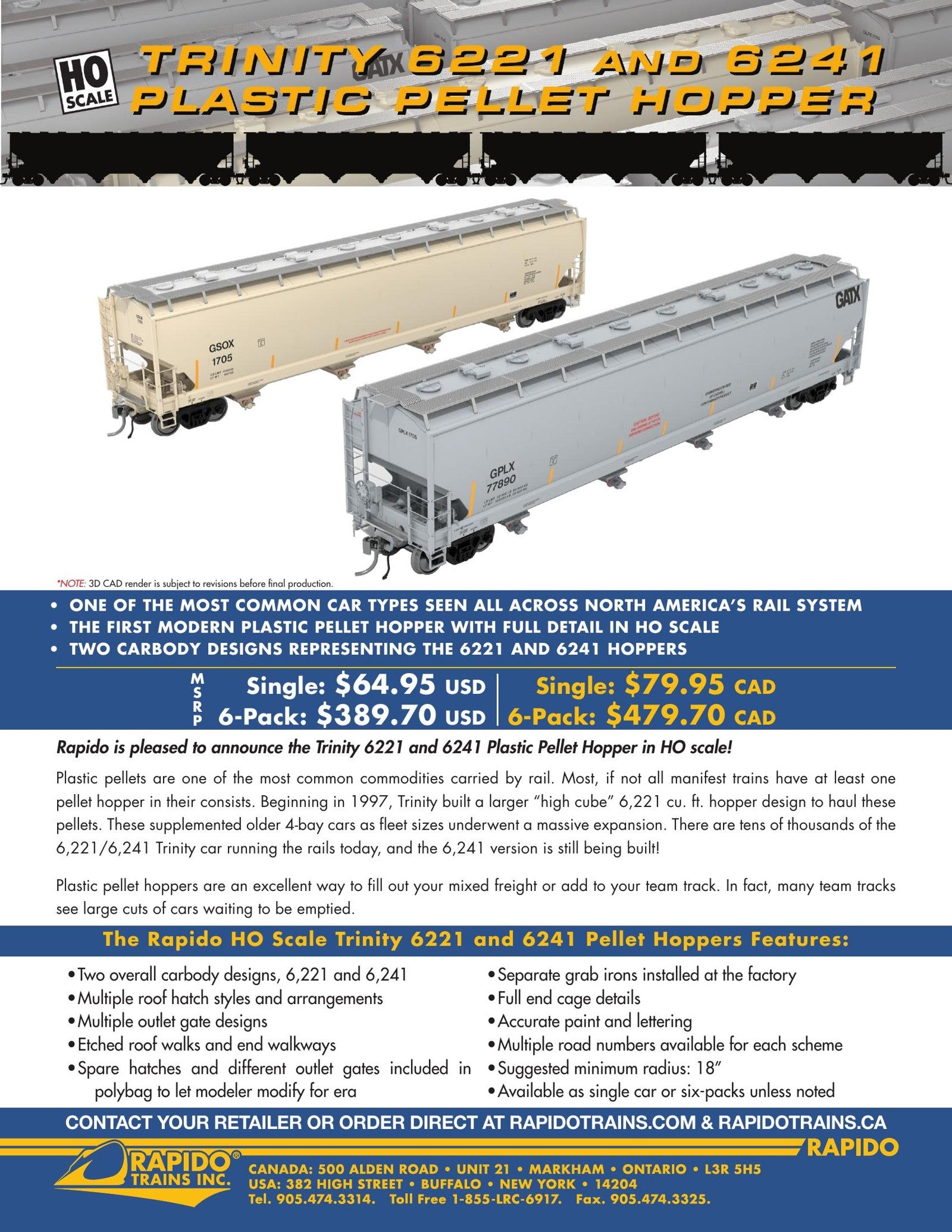 Trinity 6221/6241 Plastic Pellet Hopper sales sheet — features, prototype info, all road numbers