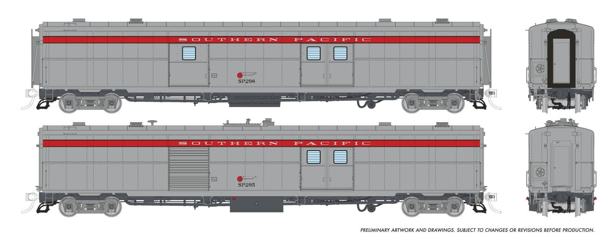 Rapido HO scale business set, Econo baggage and power car, Southern Pacific scarlet stripe