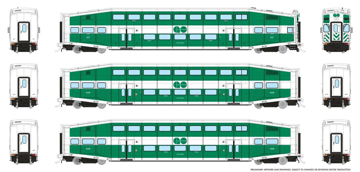 Rapido 1110001 HO scale BiLevel Commuter Car, GO Transit - Late: Set #4