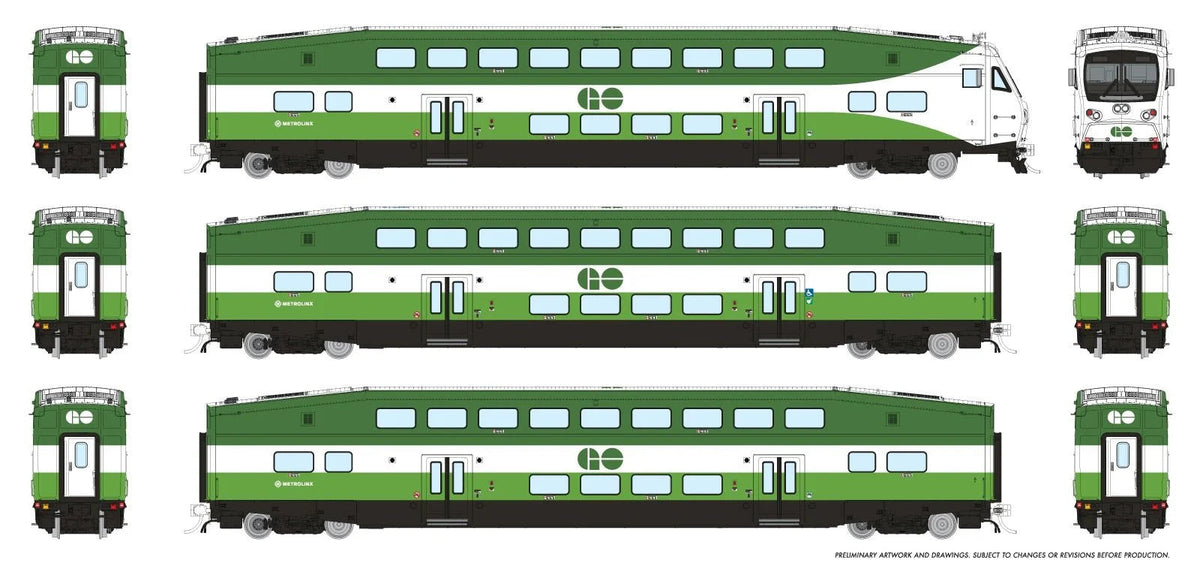 Rapido 1110045 HO scale CEM BiLevel Commuter Car, GO Transit/MX: Set #1