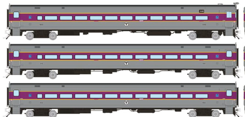 Rapido HO Scale Comet II Commuter Cars 3-Pack — MBTA Modern Scheme Set #3 (Cab #1637, Coaches #609, #623)