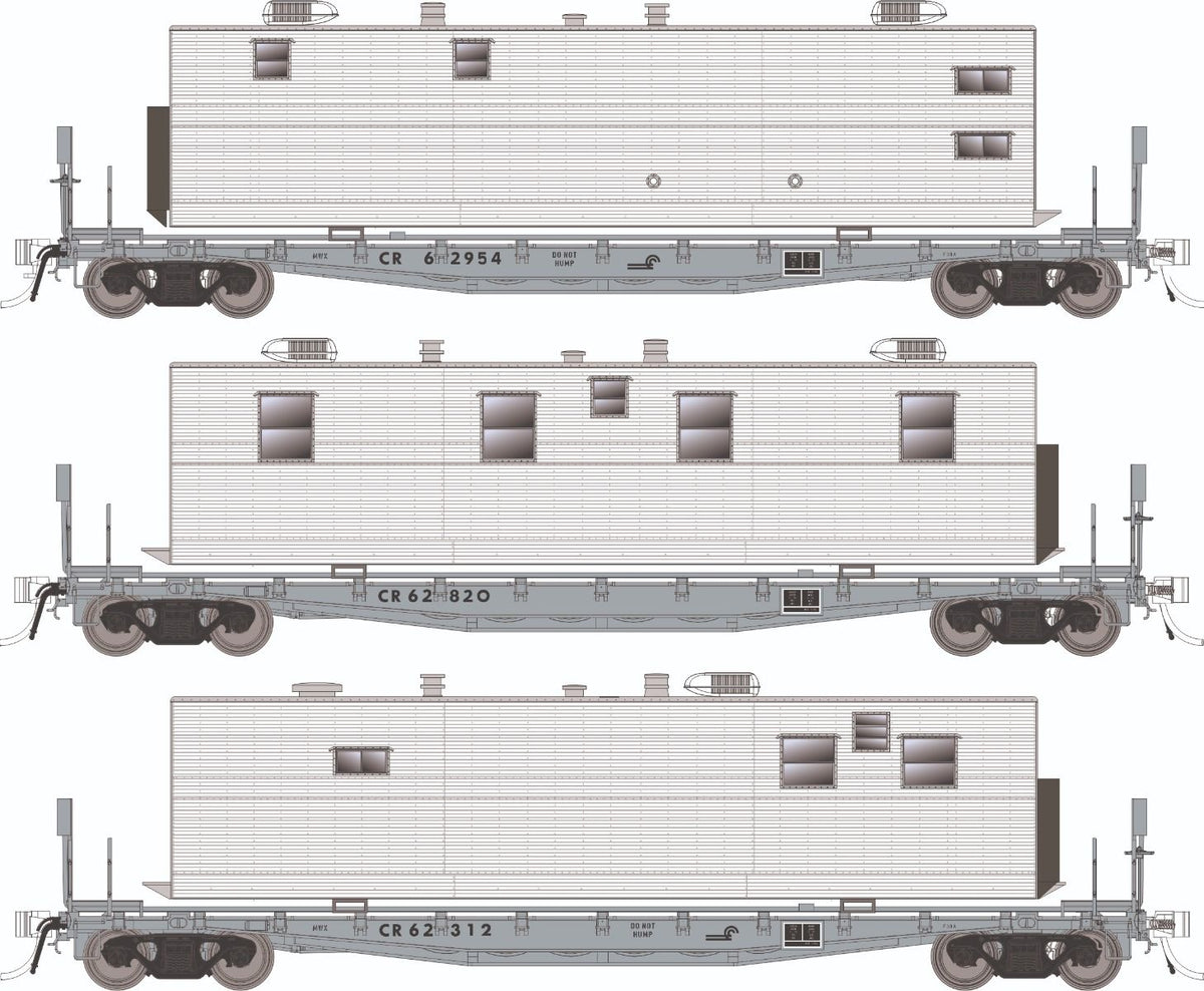 Rapido HO scale F30A 50' flat car with camp van, Conrail MOW 6-pack