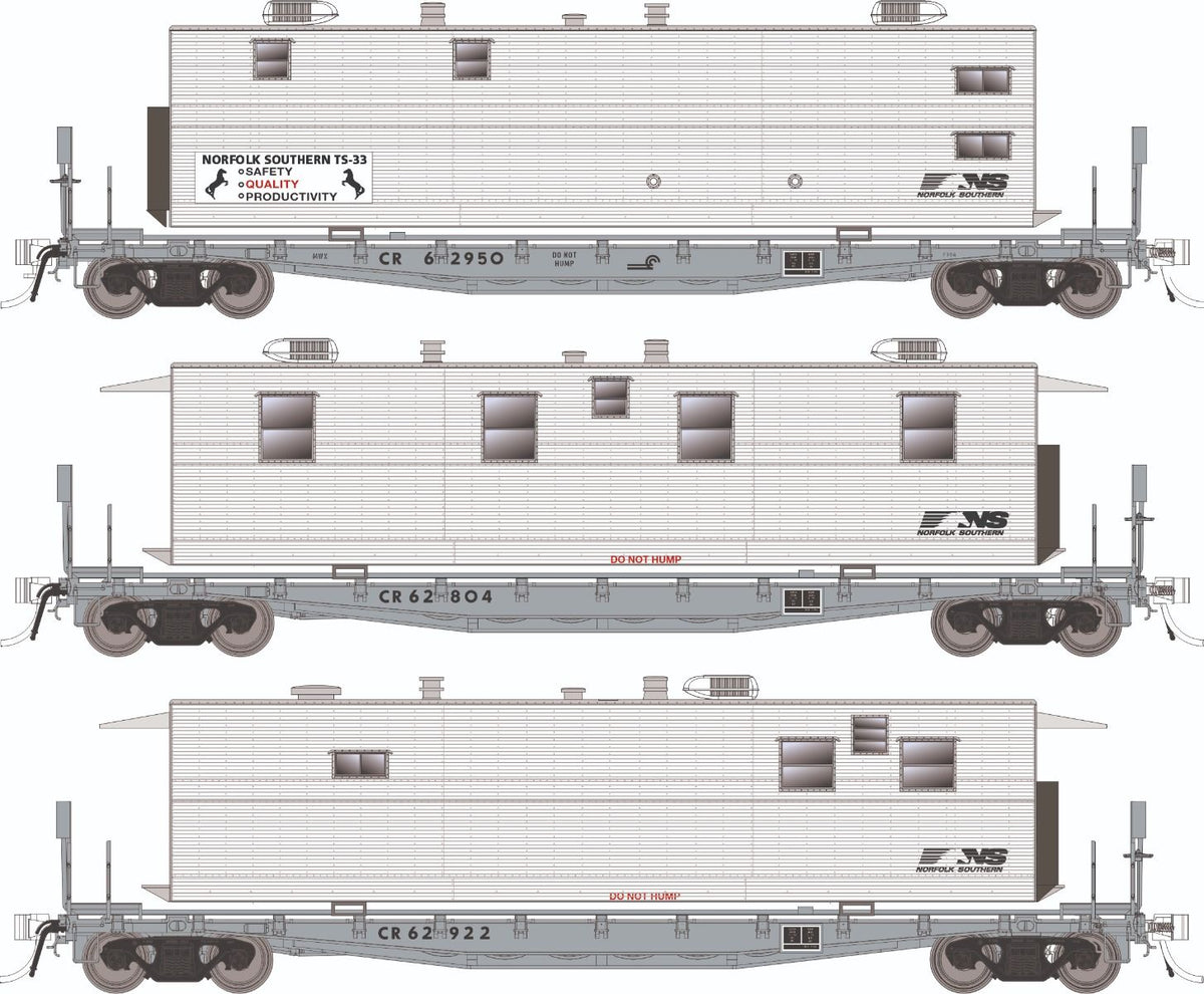 Rapido HO scale F30A 50' flat car with camp van, Norfolk Southern MOW 3-pack