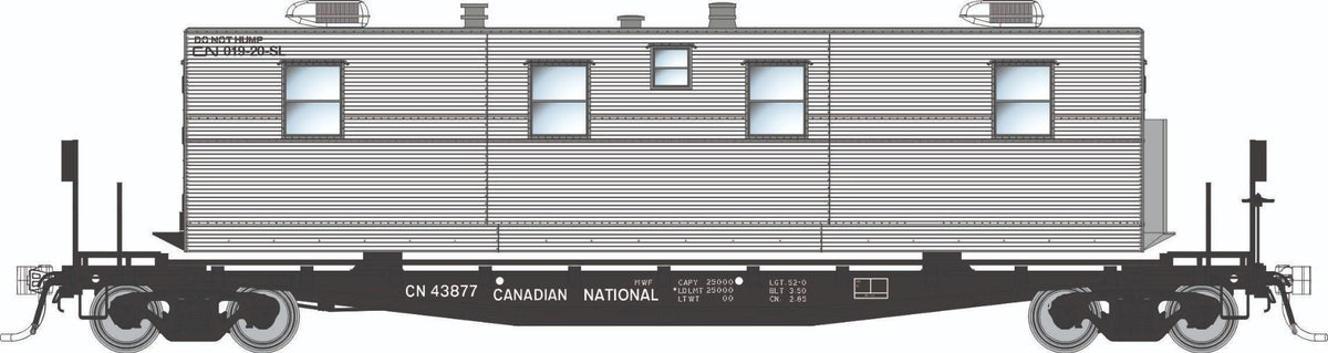 Rapido HO scale F30A 50' flat car with camp van, Canadian National MOW