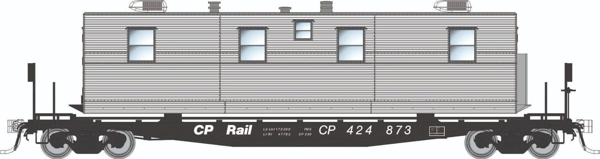 Rapido HO scale F30A 50' flat car with camp van, Canadian Pacific MOW