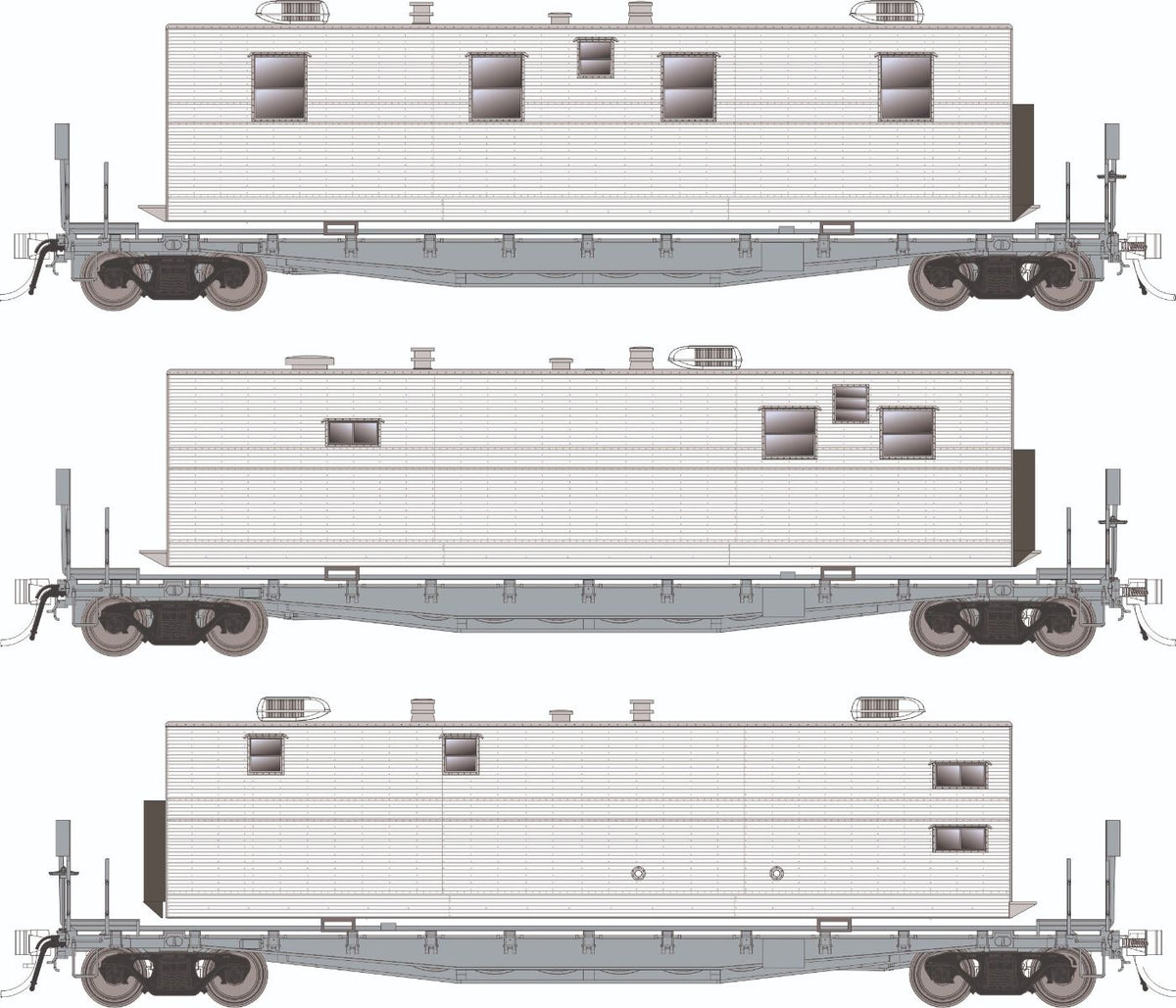 Rapido HO scale F30A 50' flat car with camp van, painted unlettered 3-pack