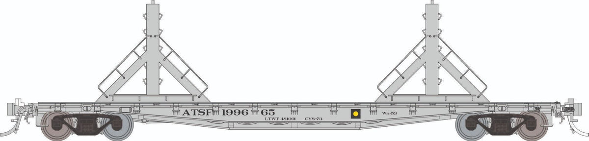 Rapido HO scale F30D 50' rail flat car, Santa Fe MOW