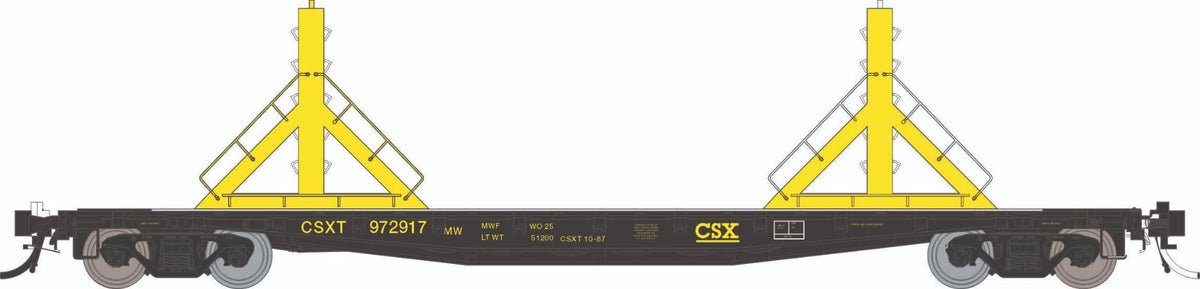 Rapido HO scale F30D 50' rail flat car, CSX MOW