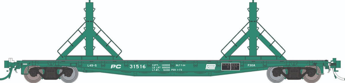 Rapido HO scale F30D 50' rail flat car, Penn Central MOW