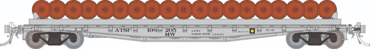 Rapido HO scale F30D 50' wheel flat car, Santa Fe MOW