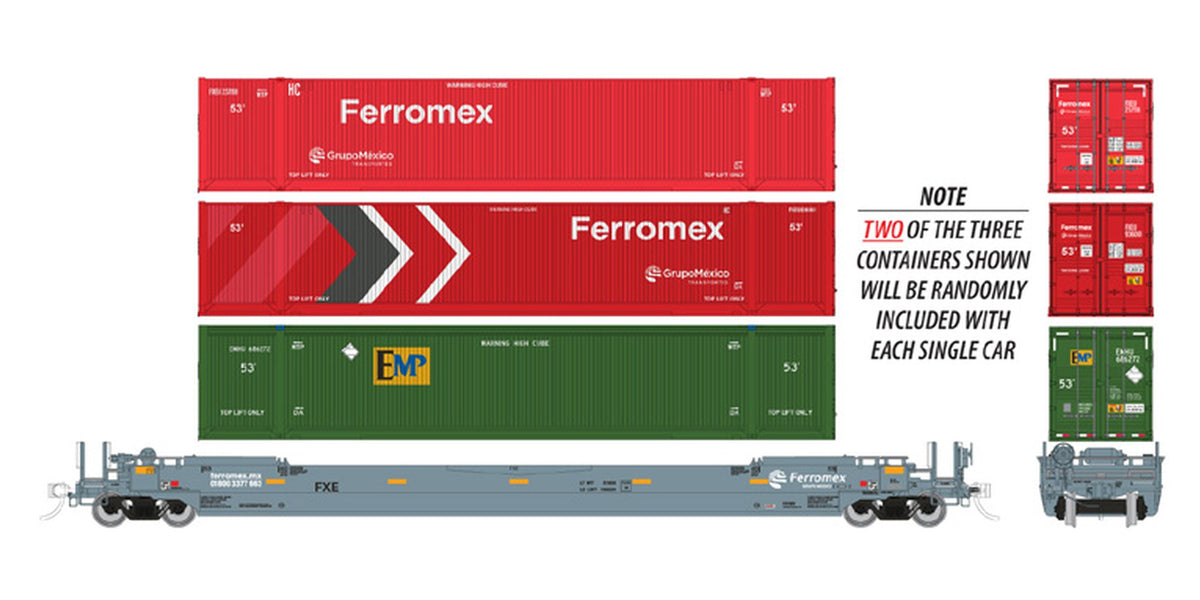 Rapido HO Gunderson 53' Husky Stack well car with containers Ferromex
