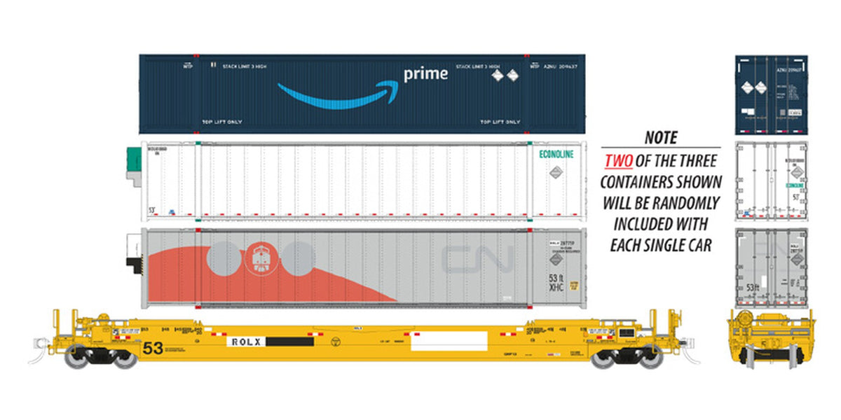 Rapido HO Gunderson 53' Husky Stack well car with containers Railroad of Lies