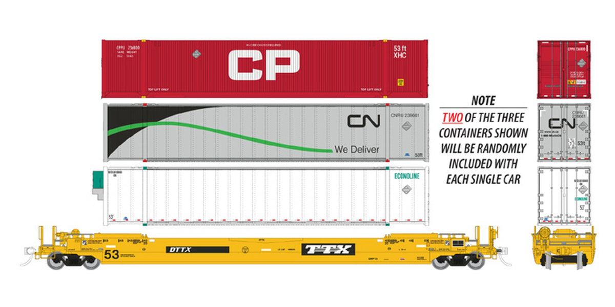 Rapido HO Gunderson 53' Husky Stack well car with containers canadian TTX