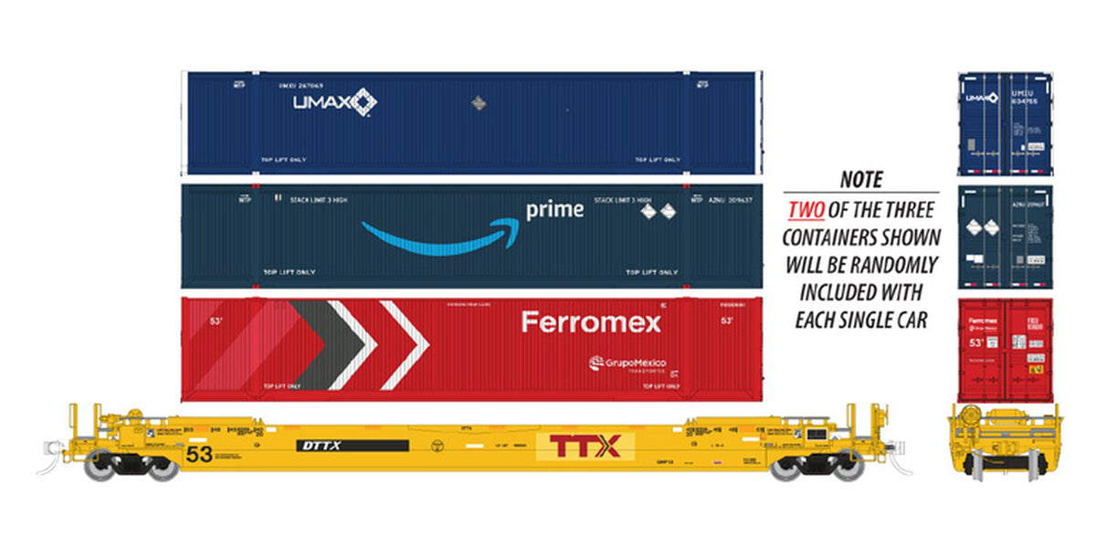Rapido HO Gunderson 53' Husky Stack well car with containers TTX (Patched, Red Logo)
