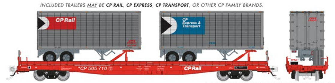 Rapido HO Marine Industries piggyback flatcar CP Rail w/ Two 26' Trailers