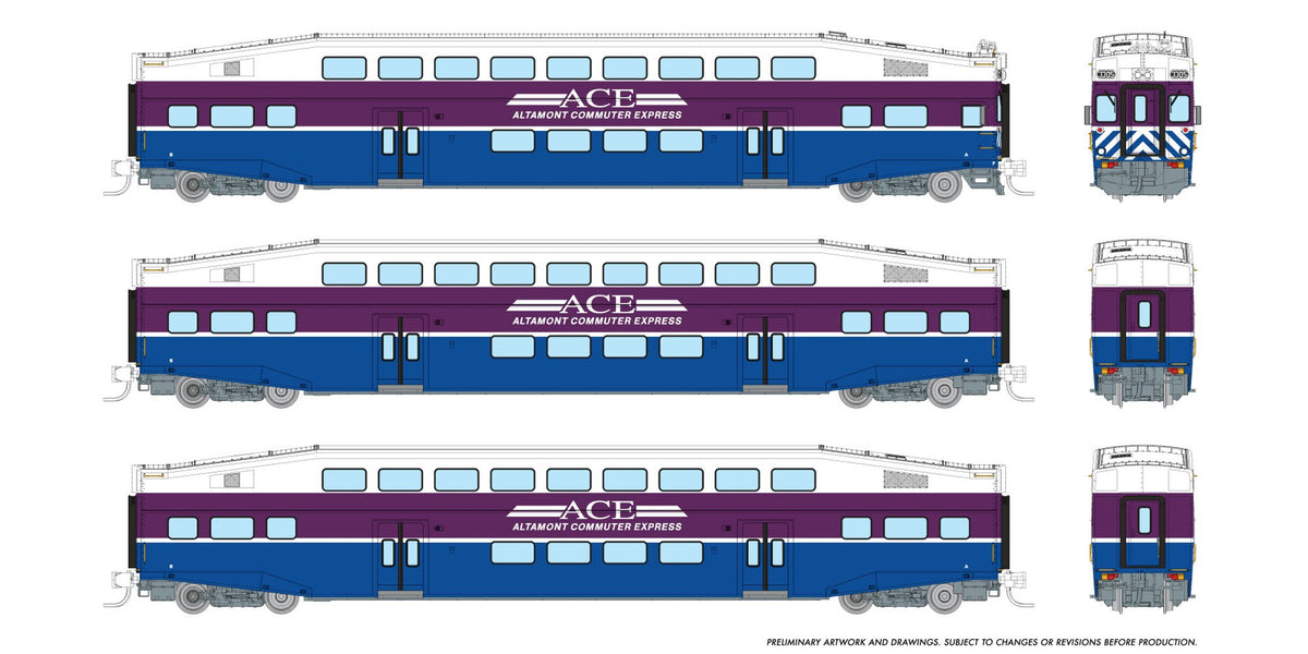 Rapido N scale BiLevel Commuter Car — Altamont Commuter Express (ACE) 3-car set with cab car
