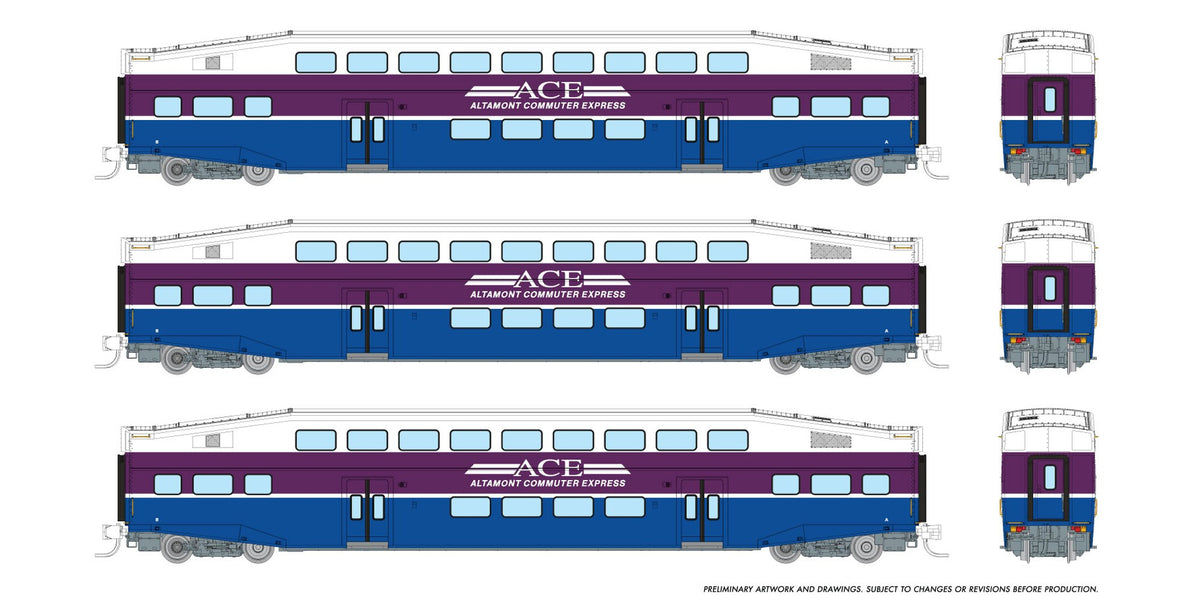 Rapido N scale BiLevel Commuter Car — Altamont Commuter Express (ACE) 3-coach set