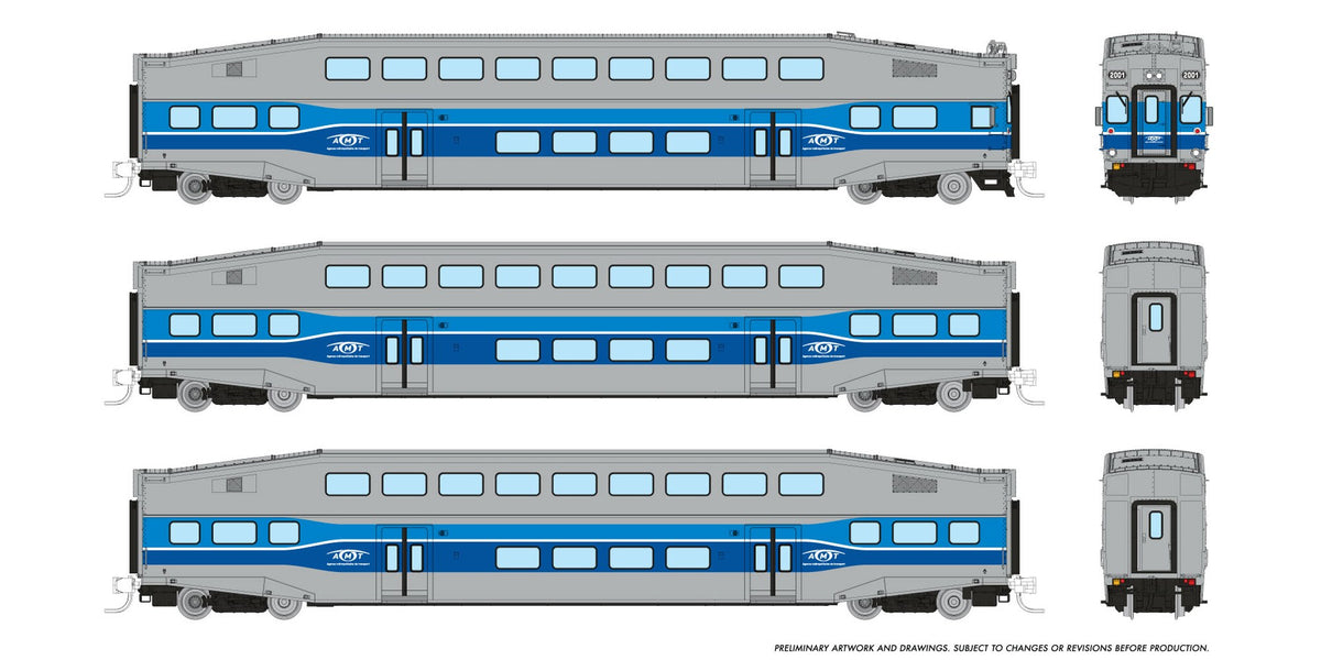 Rapido N scale BiLevel Commuter Car — AMT Montréal 3-car set with cab car
