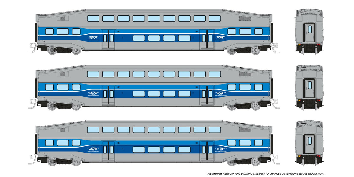 Rapido N scale BiLevel Commuter Car — AMT Montréal 3-coach set