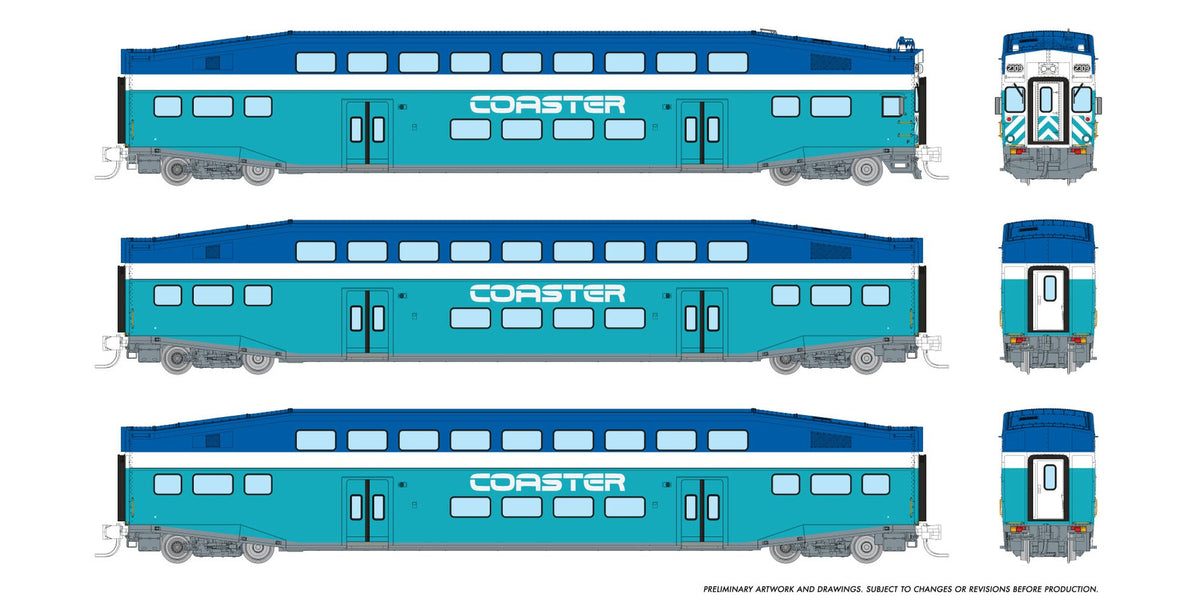 Rapido N scale BiLevel Commuter Car — Coaster 3-car set with cab car