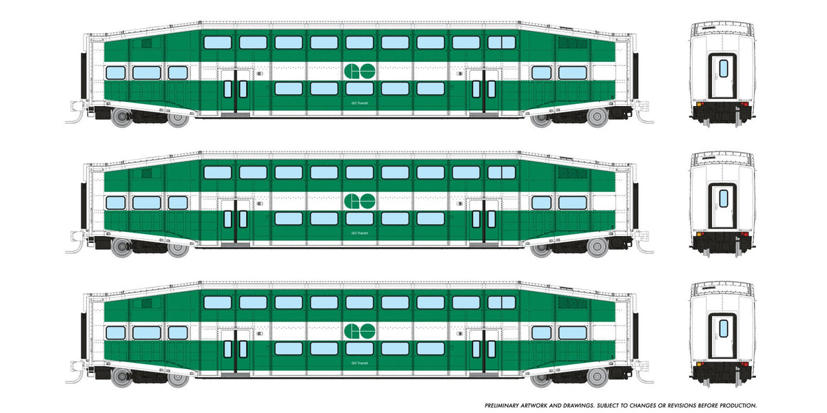 Rapido N scale BiLevel Commuter Car — GO Transit 3-coach set