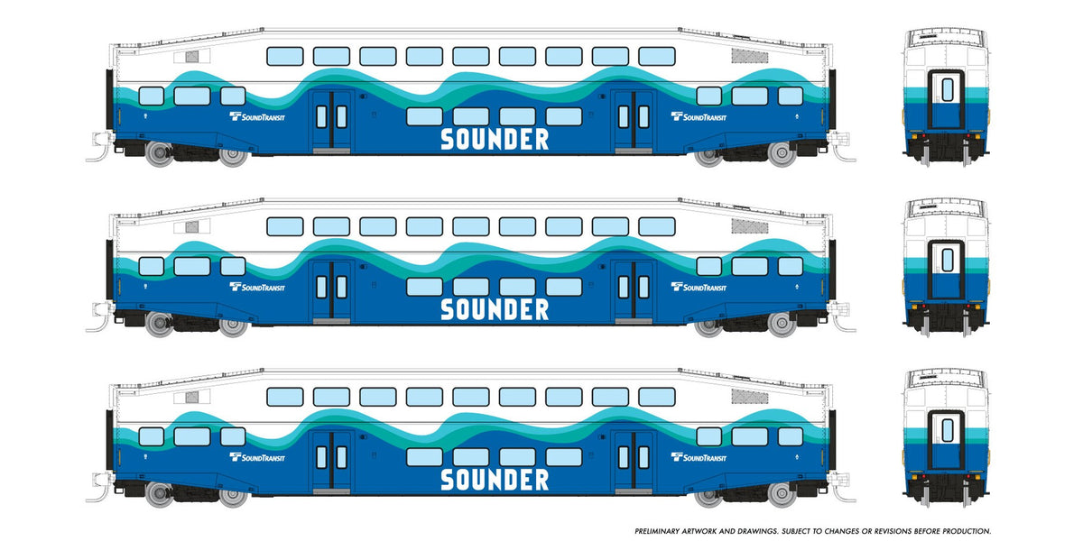 Rapido N scale BiLevel Commuter Car — Sounder 3-coach set