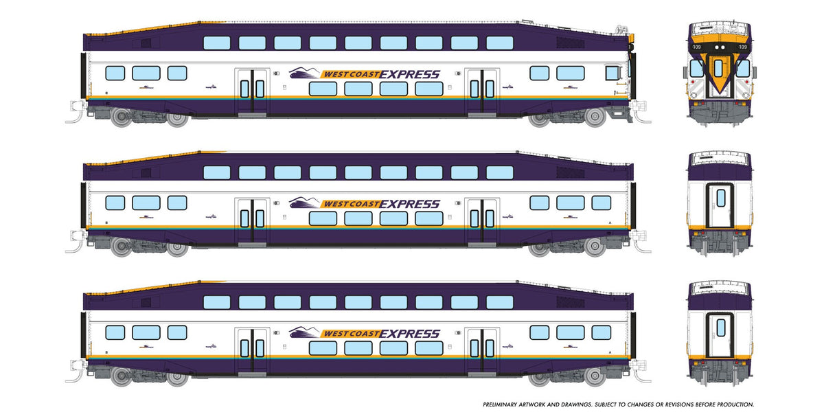 Rapido N scale BiLevel Commuter Car — West Coast Express 3-car set with cab car