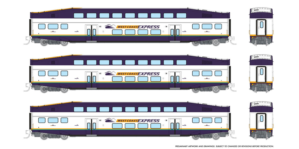 Rapido N scale BiLevel Commuter Car — West Coast Express 3-coach set
