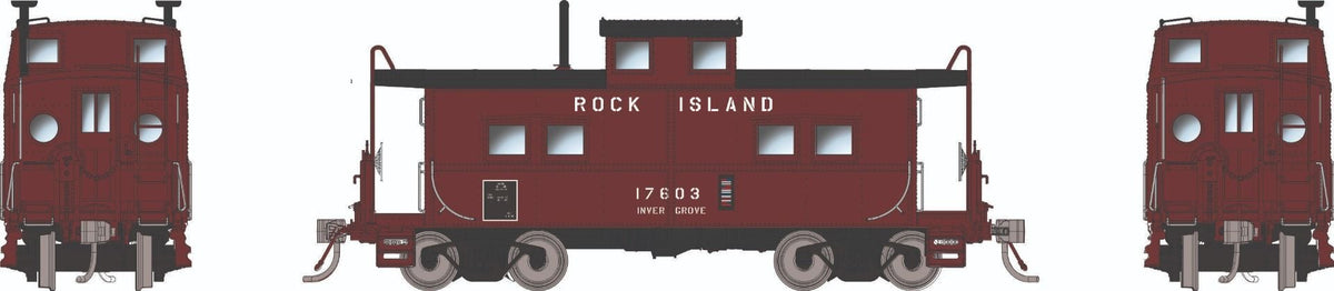 Rapido HO scale Northeastern-style caboose with porthole windows, Rock Island maroon scheme